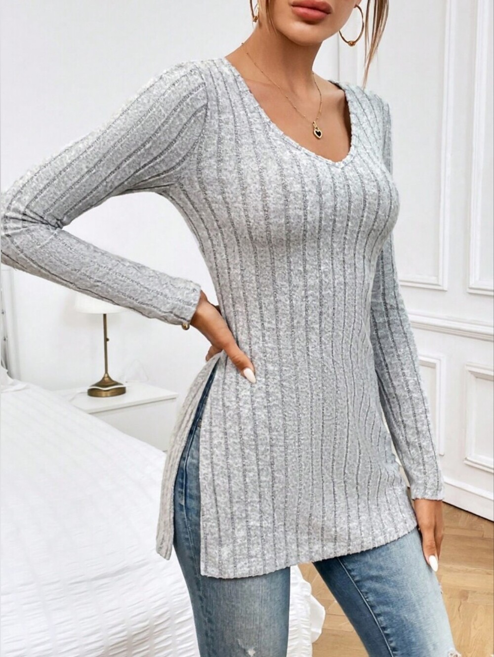 SHEIN Gray V-Neck Ribbed Knit Women's Top